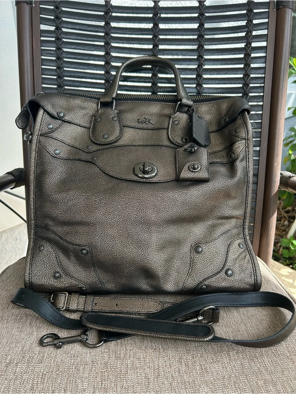 Coach Metallic Pewter Pebbled Leather Satchel with Crossbody Strap